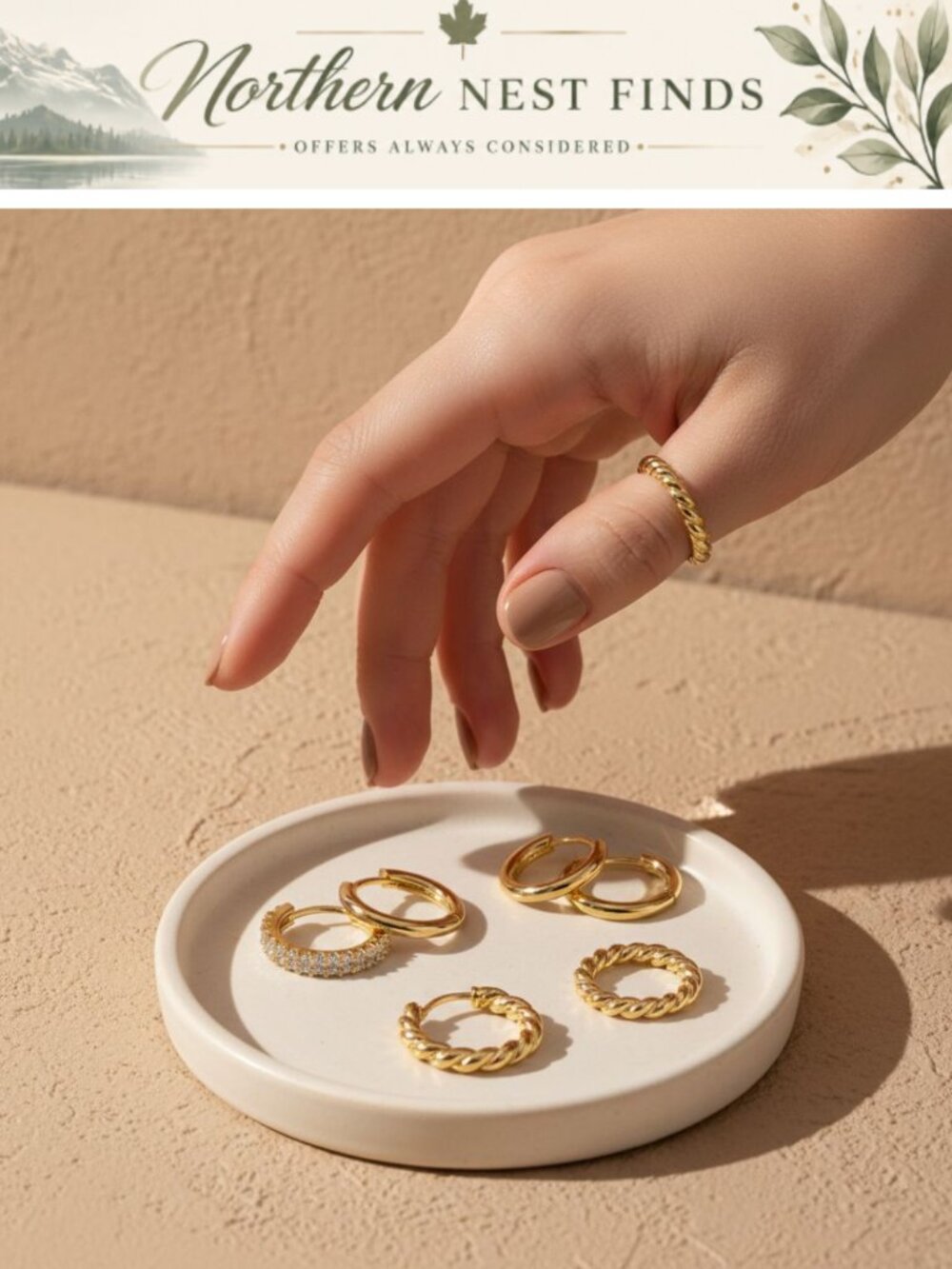 14K Gold Plated Huggie Hoop Earrings Set 3 Pairs Hypoallergenic Lightweight for